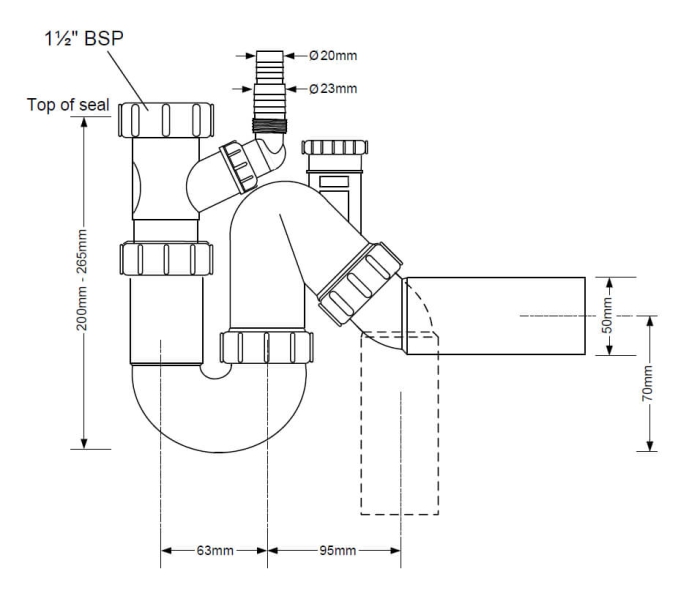 Technische Zeichnung Siphon für Spüle mit integriertem Belüfter